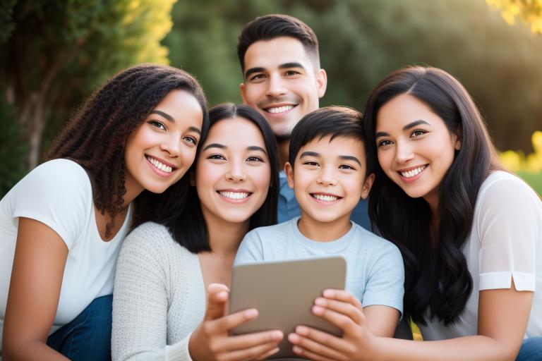 A happy family or friends gathered together, smiling and interacting warmly with mobile device