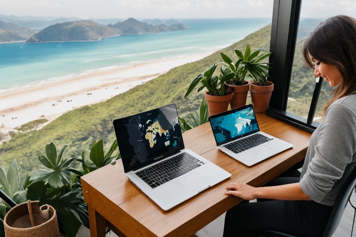 A globe-trotter with a laptop, working remotely from an exotic location