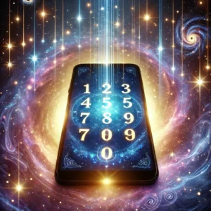 A glowing mobile phone screen displaying numbers with a mystical and cosmic background. Highlights the basics of mobile numerology