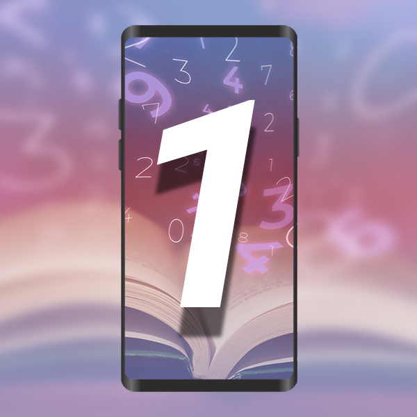 The number 1 emerging from a textbook, surrounded by a luminous numerology aura seen caputred on the mobile screen, highlighting the importance of mobile number with total 1.
