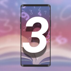 The number 3 rising from a textbook, radiating a glowing numerology aura as captured in mobile screen, emphasizing the importance of mobile number with total 3.