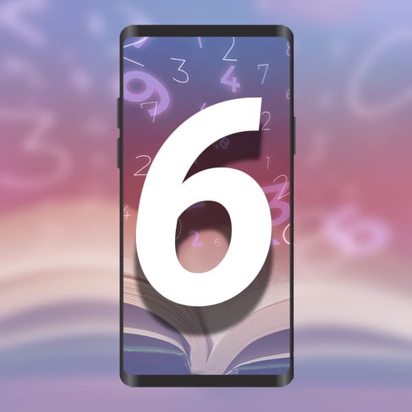 The number 6 glowing as it emerges from a textbook, surrounded by a radiant numerology aura locked on a mobile screen, showcasing its significance of mobile number with total 6.
