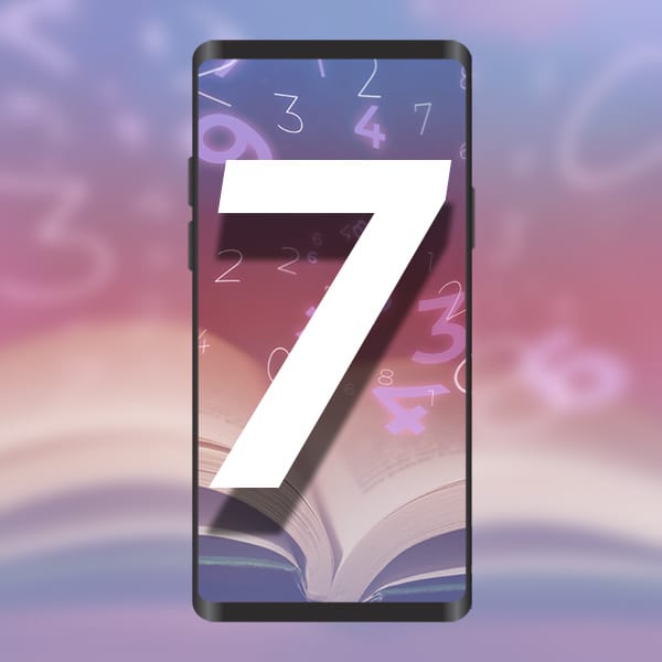 The number 7 glowing as it emerges from a textbook, surrounded by a radiant numerology aura captured in a mobile screen, symbolizing the significance of mobile number with total 7.