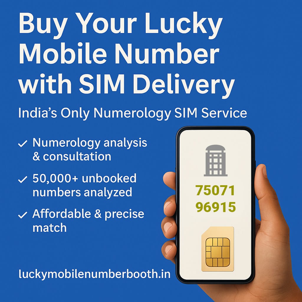 Hand holding SIM card with headline 'Buy Your Lucky Mobile Number with SIM Delivery – India’s Most Trusted Numerology SIM Service' on orange background with numbers